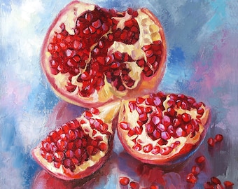 Pomegranate oil painting for kitchen Fruit painting Kitchen still life Red pomegranate art Gift for women