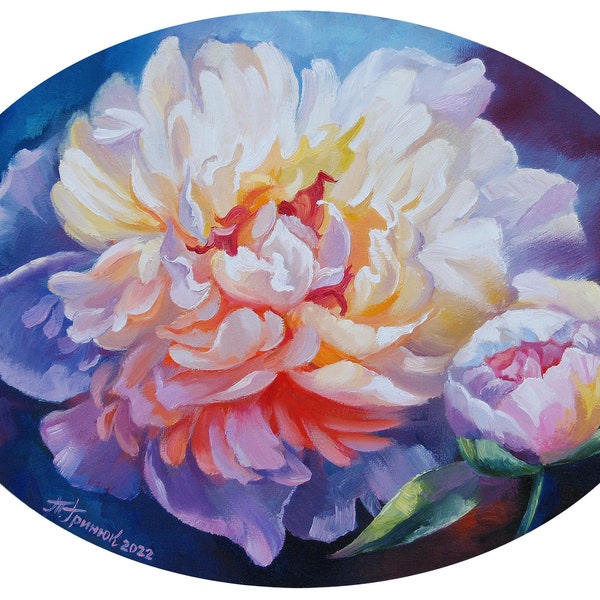 Peonía blanca Peonías pintura al óleo Peony arte mural Pintura sobre lienzo Floral Original Arte Flor decoración pared Peonía arte Regalo Flores pintura