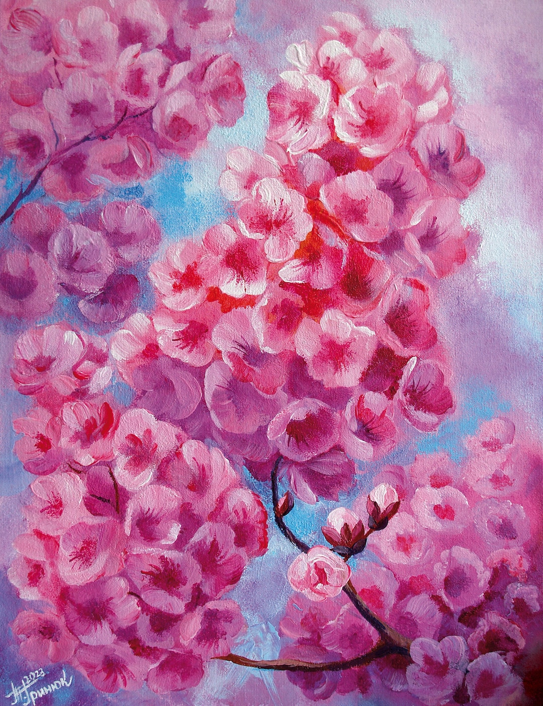 Pink Sakura Cherry Blossom Wall Art Original Acrylic Painting on Canvas
