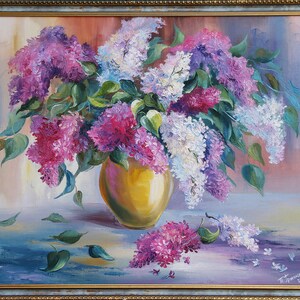 Pintura al óleo de lilas florecientes Ramo de lilas Decoración de pared Pintura floral de lilas moradas Naturaleza muerta Arte de pared de dormitorio Regalo de cumpleaños para mujeres