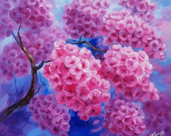 オリジナルの桜の絵画、厚塗りアクリル絵具で描かれた花瓶に入った桜の