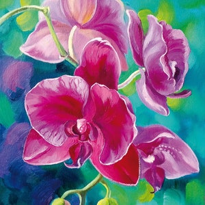 Pintura al óleo de orquídea Arte mural de orquídeas Pintura de orquídeas rosa magenta sobre lienzo Arte original floral Decoración de pared para sala de estar Regalo para mujeres Esposas