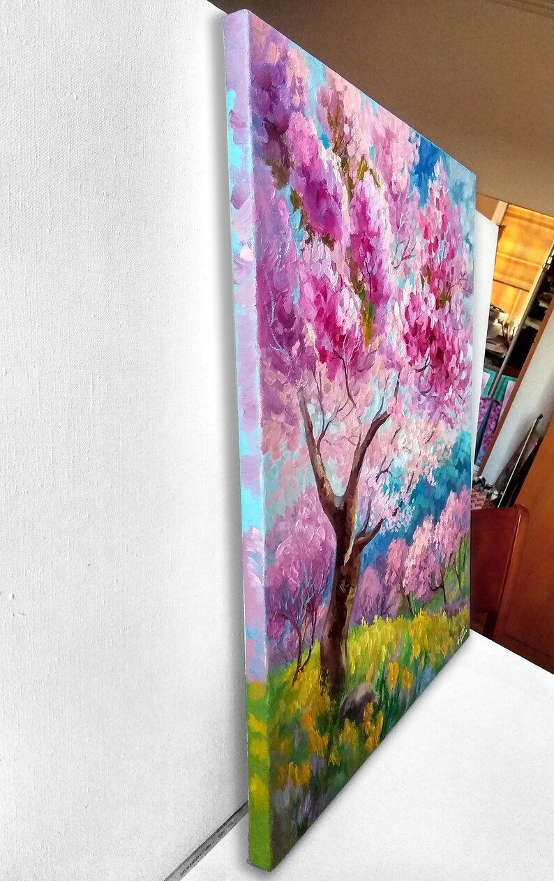 Spring Landscape Art Cherry Blossom Oil Painting on Canvas Pink Sakura ...