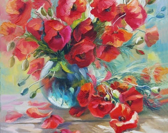 Red flowers oil painting Flowers Bouquet Red flowers still life Floral art Original art Handmade painting Wall decor Living room Gift idea