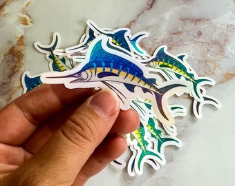 Adhesivo de vinilo impermeable con forma de pez espada holográfico troquelado
