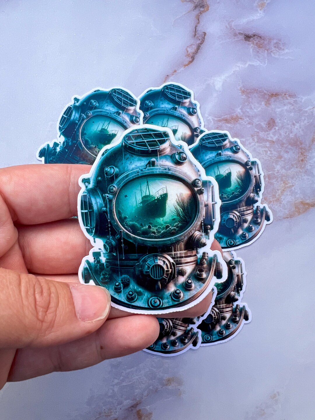 Detailed Realistic Commercial Diver Helmet With a Shipwreck, Vinyl ...