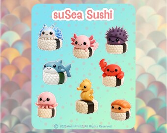 suSea Sushi: Kawaii Matte Vinyl Sticker Sheet, Food, Sushi, Fish, Sea Life