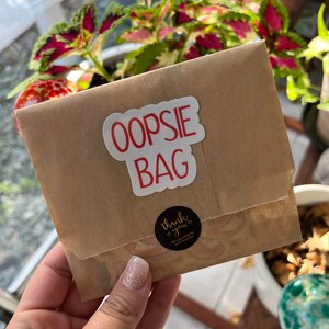 May include: A brown paper bag with a white sticker that says "OOPSI BAG" in red letters. There is a smaller black sticker with white text that says "thank you" and a heart.