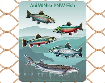 AniMINIs: PNW Fish Sticker Sheet, Waterproof Vinyl Stickers for Laptops, Water Bottles