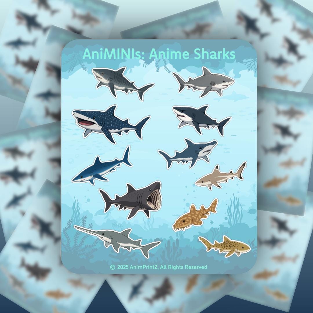 Animinis: Anime Shark Sticker Sheet, Anime Style, Waterproof Vinyl ...