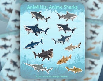 AniMINIs: Anime Shark Sticker Sheet, Anime Style, Waterproof Vinyl Stickers for Laptops, Water Bottles