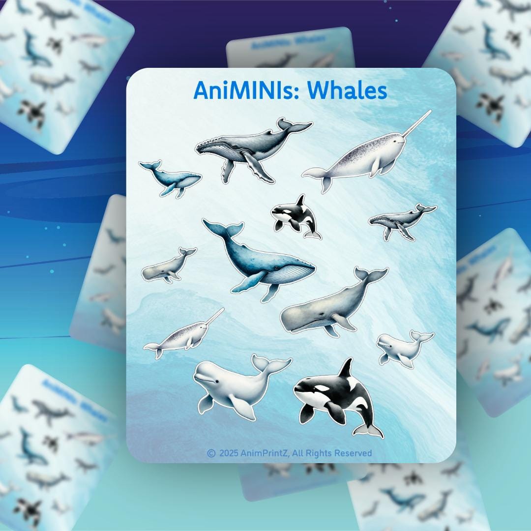 Animinis: Watercolor Whale Sticker Sheet, Matte Vinyl Ocean Animals - Etsy