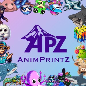 Puede incluir: Un logotipo morado con la silueta de una monta&ntilde;a sobre el texto APZ ANIMPRINTZ, rodeado por un borde de coloridos personajes de dibujos animados que incluyen un pez gota, un perezoso, una rana, un tibur&oacute;n, un yeti, un mono y un pulpo.