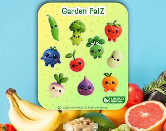 Garden PalZ: Kawaii Matte Vinyl Sticker Sheet, Food, Fruits, Vegetables, Kid-Friendly, Cooking