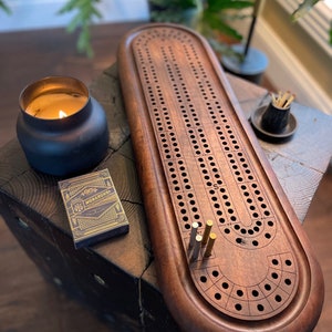 Handcrafted Black Walnut Cribbage Board - Brass & Stainless Steel Pegs w/ Leather Detailing