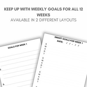 May include: Two different printable layouts for weekly goal setting. The first layout has space for three goals with lines for writing. The second layout has a column for each letter of the acronym SMART, which stands for Specific, Measurable, Achievable, Relevant, and Time-bound.