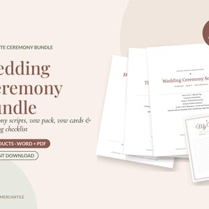 May include: A digital wedding ceremony bundle featuring printed documents with dark brown text on white paper. The bundle includes ceremony scripts, a vow pack, vow cards, and a planning checklist. A circular badge reads SAVE vs. separate.