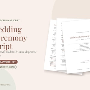 Könnte beinhalten: Ein bearbeitbares Skript für Hochzeitszeremonien mit traditionellen, modernen und kurzen Elopement-Versionen. Der Text enthält "Wedding Ceremony Script", "Editable Word + PDF", "Instant Download" und "Rexford Mercantile".