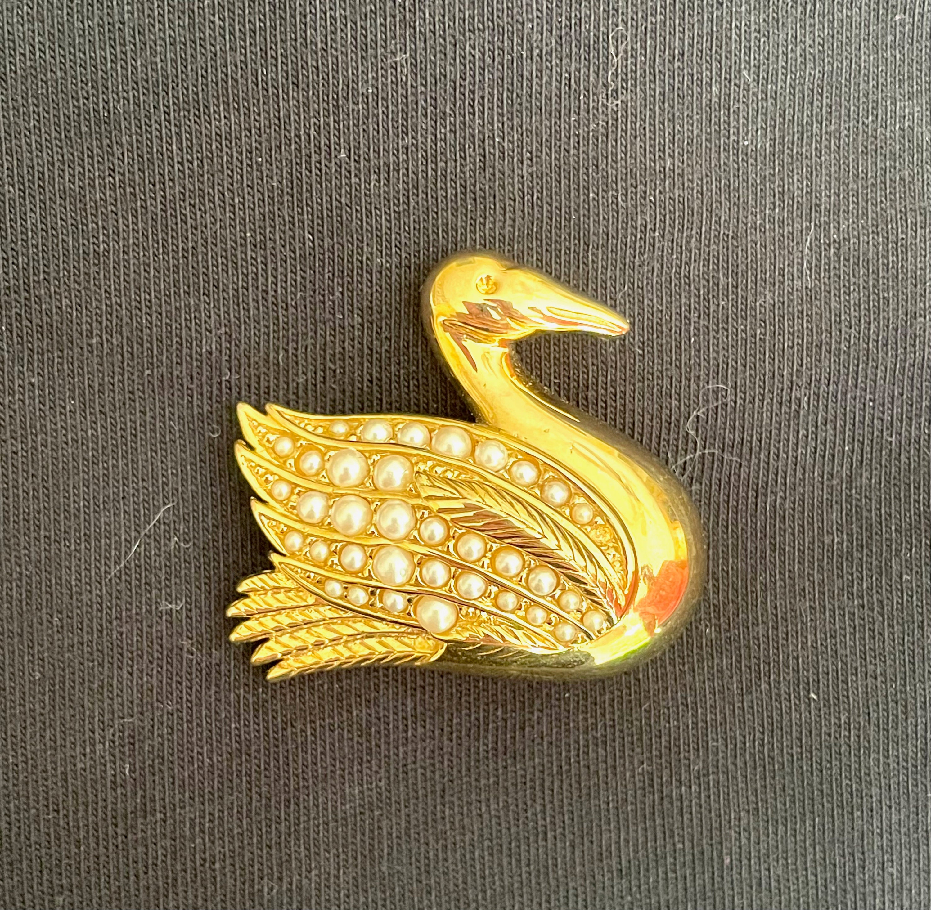 Gold Tone Vintage Swan Brooch with Faux Pearls Etsy