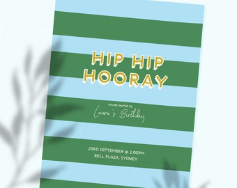 Printable Modern Birthday Invitation in Green and Blue Stripe for Digital Download