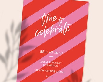 Printable Bright Pink and Red Stripe Birthday Party Invitation for Digital Download