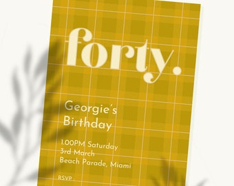 Printable Bright Mustard Gingham Print Birthday Party Invitation for Digital Download