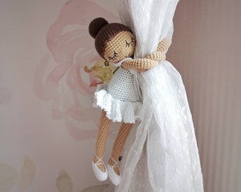 Ballerina Curtain Tie Back: Doll Nursery Decor, Kids Room Decor, White Knit Toy, Pregnancy Gift Set