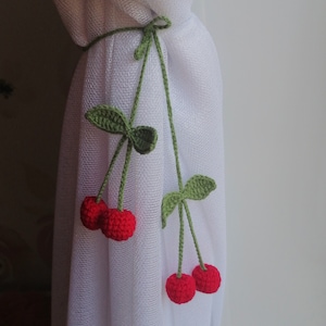 Cherry Curtain Tieback: Cottagecore Room Decor, Red Kitchen Gift, Crochet Fruit