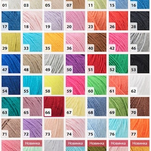 Op de afbeelding: Een kleurenkaart met 84 garenkleuren, genummerd van 01 tot 84. De kleuren zijn gerangschikt in rijen en kolommen. De kleuren omvatten wit, beige, lichtblauw, roze, rood, oranje, geel, groen, bruin, grijs en paars.