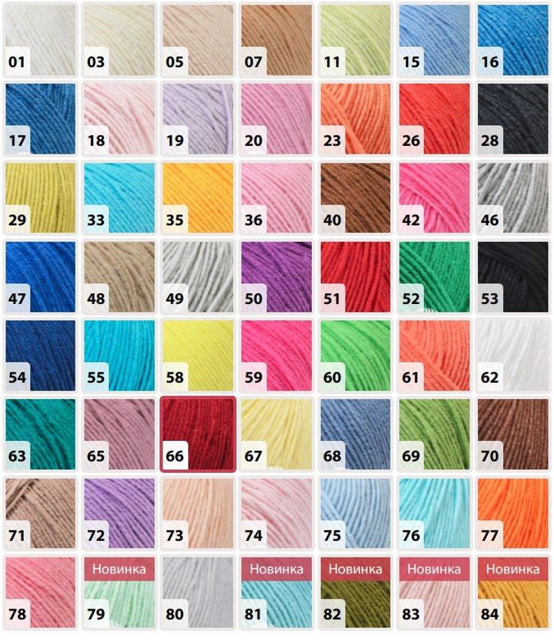 Op de afbeelding: Een kleurenkaart met 84 garenkleuren, genummerd van 01 tot 84. De kleuren zijn gerangschikt in rijen en kolommen. De kleuren omvatten wit, beige, lichtblauw, roze, rood, oranje, geel, groen, bruin, grijs en paars.