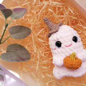 May include: A white crocheted ghost holding a small orange crocheted pumpkin. The ghost is wearing a gray crocheted witch hat. The ghost is sitting in a bed of shredded paper.