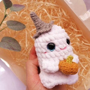 May include: White crocheted ghost holding a small orange pumpkin. The ghost has a gray pointed hat and blue eyes.