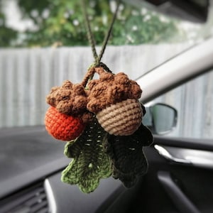 May include: A crocheted acorn charm with a brown and beige cap and a red base, hanging from a car's rearview mirror. The acorn is attached to a green crocheted leaf.
