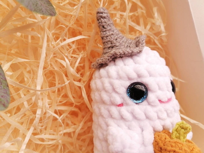 May include: White crocheted ghost holding a small orange crocheted pumpkin. The ghost has a gray crocheted hat and blue sparkly eyes.