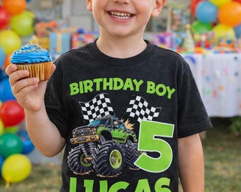 Personalisiertes Monster Truck Geburtstags-Shirt, der Name des benutzerdefinierten Jungen
