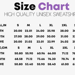 May include: Size chart for a unisex sweatshirt in inches and centimeters. The chart shows the width, length, and sleeve length for sizes S, M, L, XL, 2XL, and 3XL.