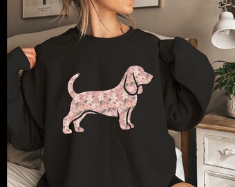 Felpa da mamma di Basset Hound, regalo per amanti dei cani, maglione girocollo floreale, pullover per proprietari di animali domestici, maglione con cucciolo carino, top con stampa animalier