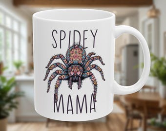 Taza personalizada para mamás de tarántulas, taza de araña, taza con nombre de tarántula chinchilla, regalo personalizado para tarántulas, regalo para dueños de mascotas, taza de café floral con tarántula