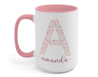 Personalized Floral Initial Mug, 15oz Pink Ceramic Mug