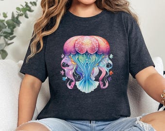 Qualle Shirt - Unisex Jersey Kurzarm T-Shirt, Nautical Ocean Beach Sommer Tshirt, Geschenk für Frau, Urlaub T-Shirt, süßes T-Shirt