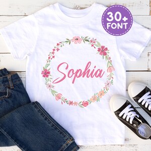 Camiseta personalizada para niña pequeña, camiseta con nombre para niña pequeña, camiseta floral para niña pequeña, camiseta personalizada para niña pequeña, regalo de cumpleaños para niña pequeña