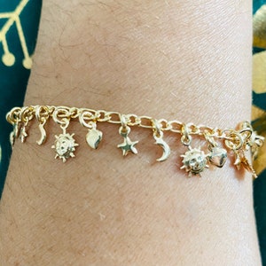 Celestial Bracelet, Sun Bracelet, Moon Bracelet, Moon Charm, Star Charm, Charm Bracelet, Statement Jewelry, Heart Charm Bracelet, Gift Idea