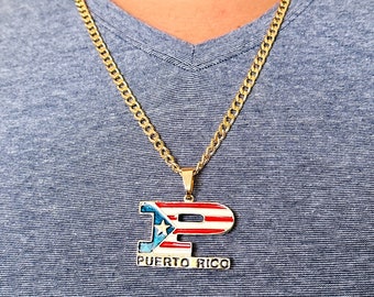 Puerto Rico Flag Pendant: 18K Gold Cuban Chain Necklace