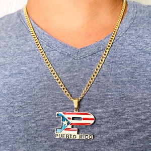 Puerto Rico Pendant, Puerto Rico Necklace, Puerto Rico Charm, Cuban Chain, Flag Necklace, Gold Necklace, Patriotic Gift, Flag Souvenir