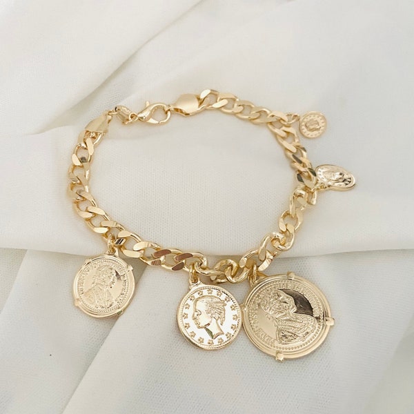 Coin Charm Bracelet, Quarter Charm Bracelet, Cuban Link Bracelet, 18k Gold Filled Charm Bracelet, Medallion Bracelet, Chunky Link Bracelet