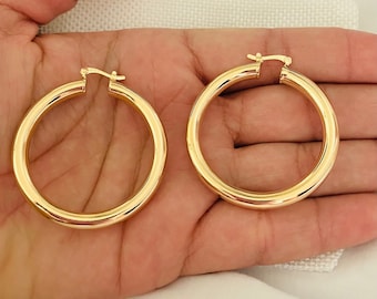 May include: A pair of gold hoop earrings. The hoops are thick and round, and they have a polished finish.