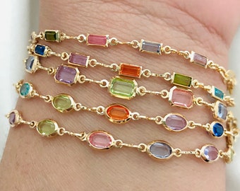 Baguette Bracelet, Crystal Bracelet, Gemstone Bracelet,  Layering Bracelet, Colorful Charm, Cubic Zirconia Bracelet, Multicolor Bracelet