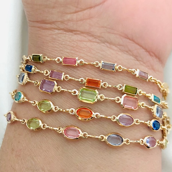 Pulsera Baguette, Pulsera de cristal, Pulsera de piedras preciosas, Pulsera en capas, Encanto colorido, Pulsera de circonio cúbico, Pulsera multicolor