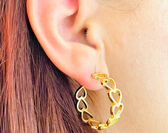 Black Agate Heart Earrings,Heart earrings Dangle Earrings Gold Hoops Gold Heart Hoop Earrings Gold Chunky Earrings,Gold Huggie Earrings