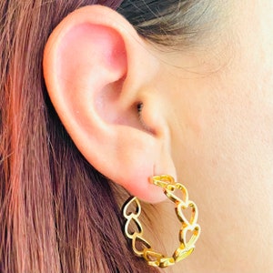 Heart Hoop Earrings, Chunky Gold Hoops, Heart Link Hoops, 18K Gold Filled Open Heart Earrings, Love Jewelry, Anniversary Gift, Gift for Her